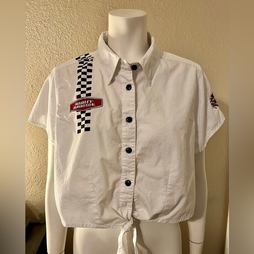 Harley Davidson Women’s White Crop Top Button Up Collar & Tied Bottom size XL